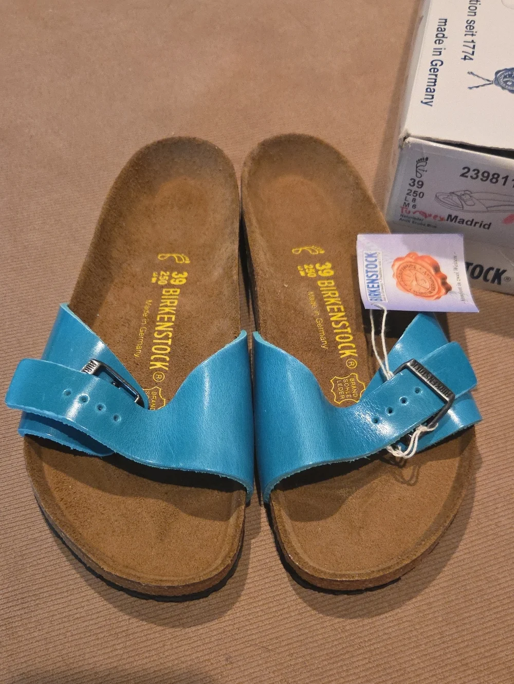 NWT Birkenstock Madrid Teal Turquoise Leather Single Strap Slide Sandals Size 39 - Picture 1 of 8